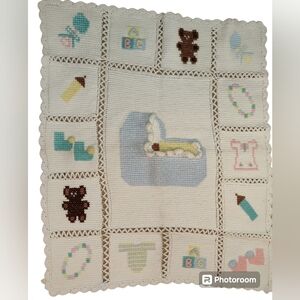 Vintage Crochet Handmade White and Pastel Color Baby Blanket